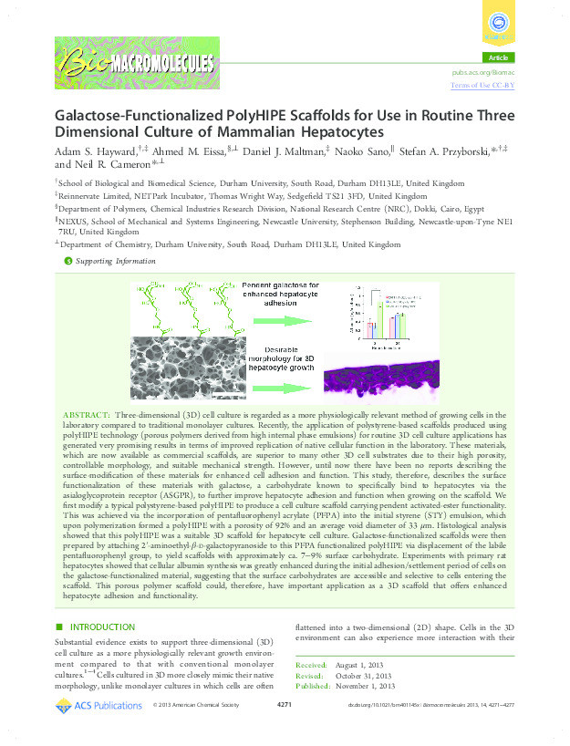 Galactose-Functionalized PolyHIPE Scaffolds for Use in Routine Three Dimensional Culture of Mammalian Hepatocytes Thumbnail