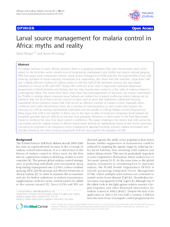 Larval source management for malaria control in Africa: myths and reality Thumbnail