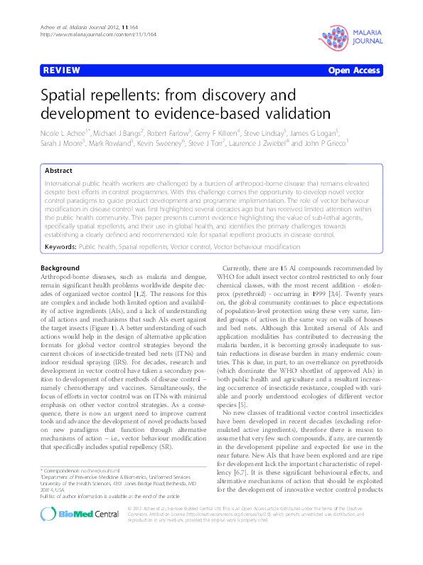 Spatial repellents: from discovery and development to evidence based validation Thumbnail