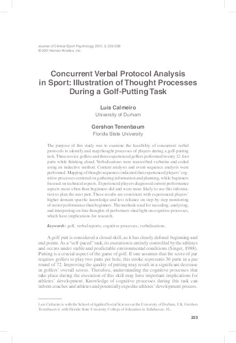 Concurrent Verbal Protocol Analysis in Sport: Illustration of Thought Processes during a Golf-Putting task Thumbnail