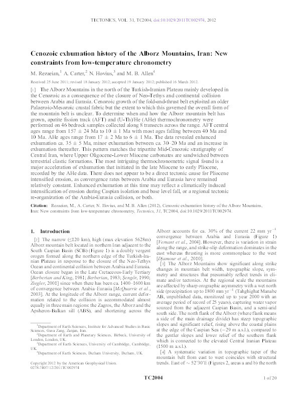 Cenozoic exhumation history of the Alborz Mountains, Iran: New constraints from low-temperature chronometry Thumbnail