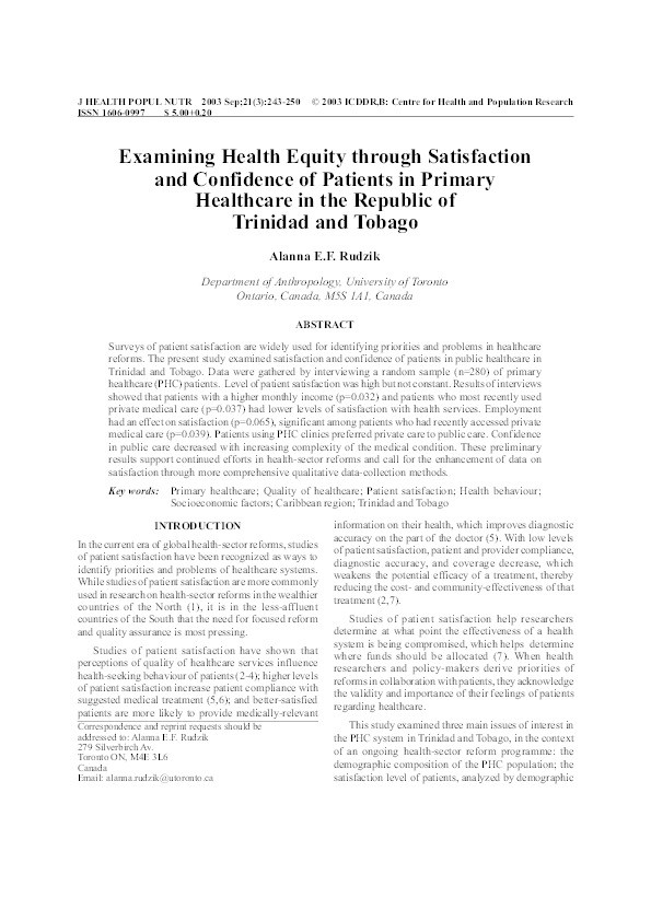 Examining health equity through satisfaction and confidence of patients in primary healthcare in the Republic of Trinidad and Tobago Thumbnail