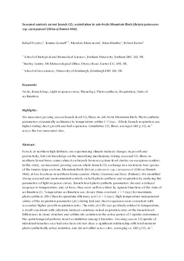 Seasonal controls on net branch CO2 assimilation in sub-Arctic Mountain Birch (Betula pubescens ssp. czerepanovii (Orlova) Hamet-Ahti) Thumbnail