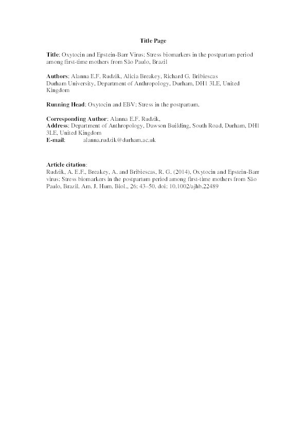 Oxytocin and Epstein-Barr Virus: Stress biomarkers in the postpartum period among first-time mothers from São Paulo, Brazil Thumbnail