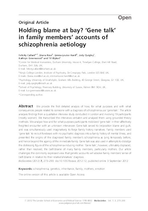 Holding blame at bay? ‘Gene talk’ in family members’ accounts of schizophrenia aetiology Thumbnail