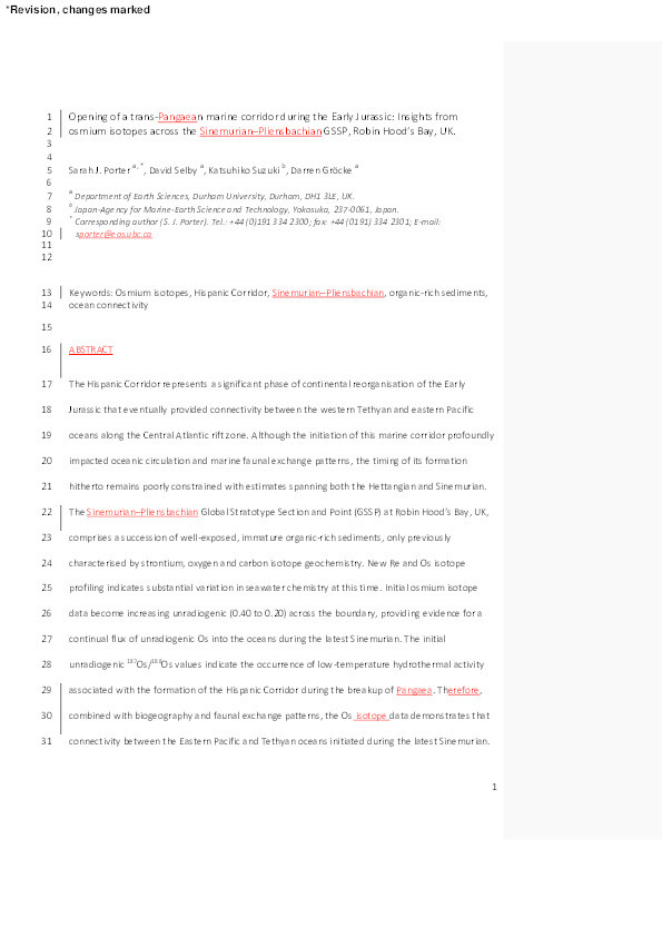Opening of a trans-Pangaean marine corridor during the Early Jurassic: Insights from osmium isotopes across the Sinemurian–Pliensbachian GSSP, Robin Hood's Bay, UK Thumbnail