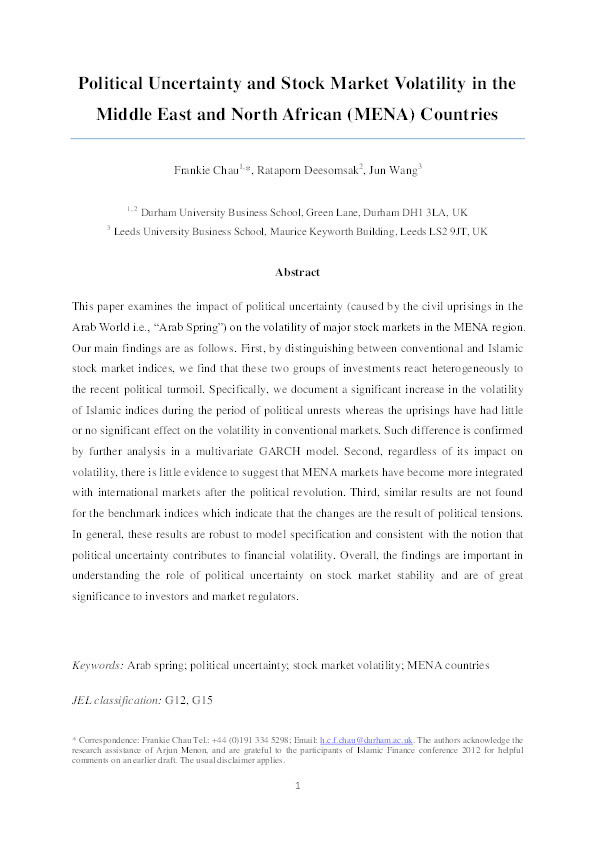 Political Uncertainty and Stock Market Volatility in the Middle East and North African (MENA) Countries Thumbnail