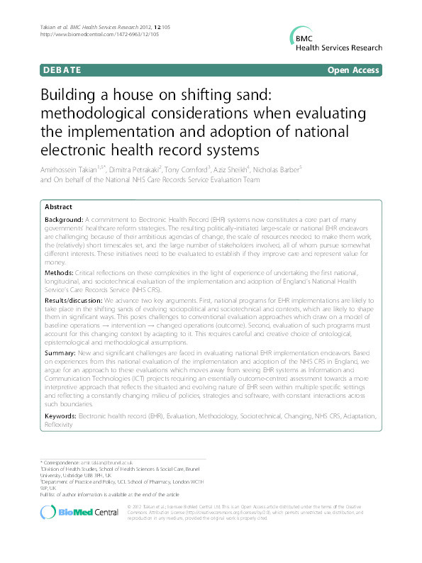Building a house on shifting sand: methodological considerations when evaluating the implementation and adoption of national electronic health record systems Thumbnail