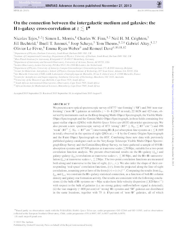 On the connection between the intergalactic medium and galaxies: the H I–galaxy cross-correlation at z ≲ 1 Thumbnail