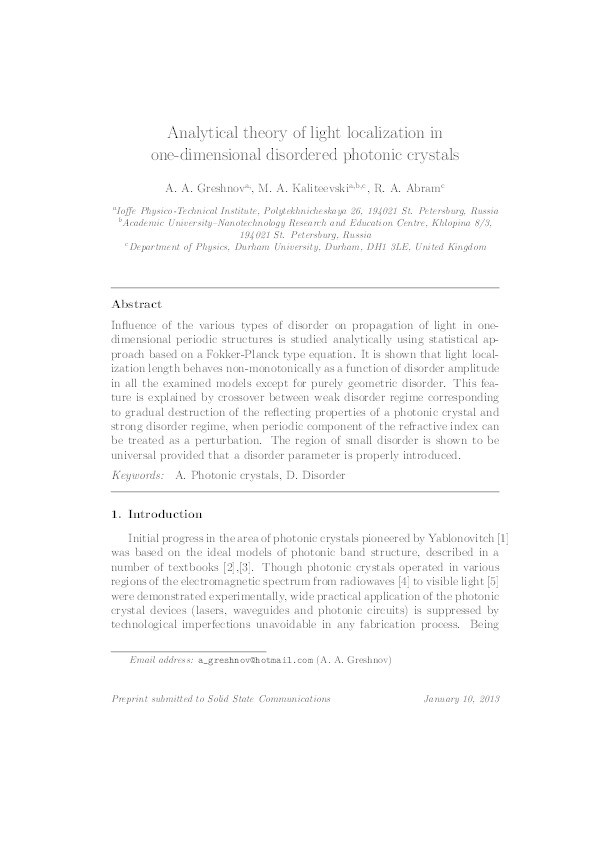 Analytical theory of light localization in one-dimensional disordered photonic crystals Thumbnail