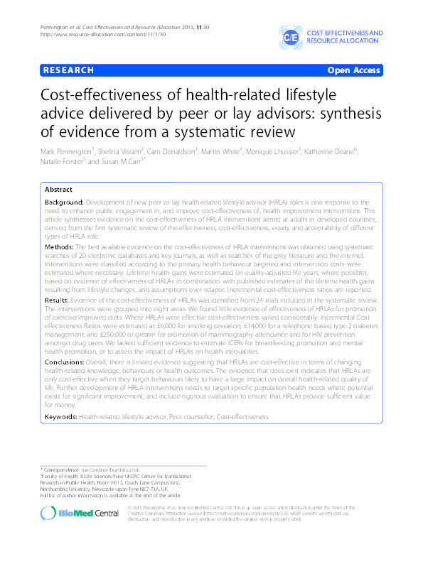 Cost-effectiveness of health-related lifestyle advice delivered by peer or lay advisors: synthesis of evidence from a systematic review Thumbnail