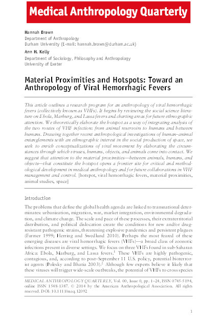 Material Proximities and Hotspots: Toward an Anthropology of Viral Hemorrhagic Fevers Thumbnail