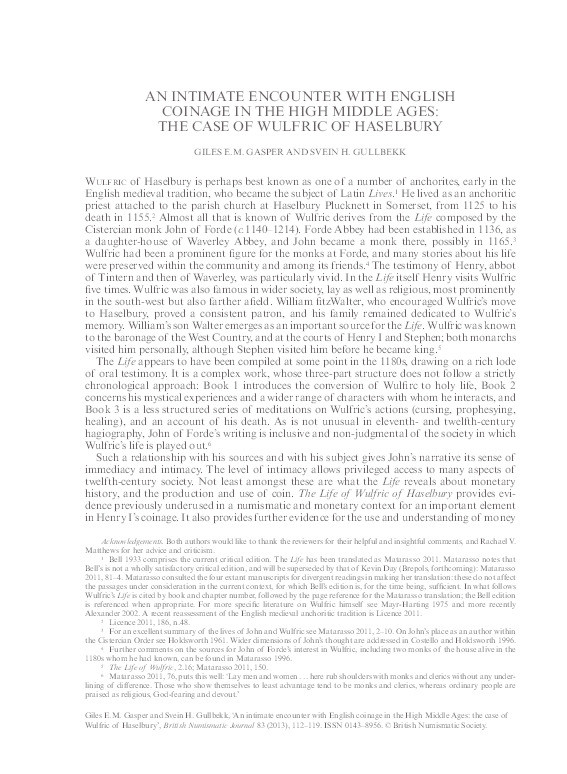 An intimate encounter with English coinage in the High Middle Ages: the case of Wulfric of Haselbury Thumbnail