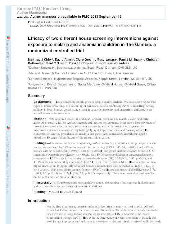 Effect of two different house screening interventions on exposure to malaria vectors and on anaemia in children in The Gambia: a randomised controlled trial Thumbnail