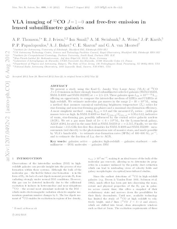 VLA imaging of 12CO J = 1-0 and free-free emission in lensed submillimetre galaxies Thumbnail