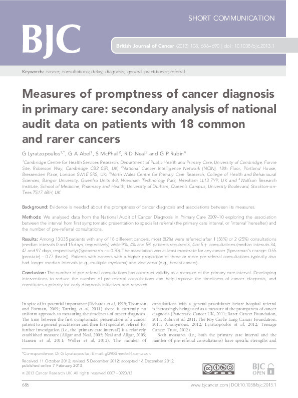 Measures of promptness of cancer diagnosis in primary care: Secondary analysis of national audit data on patients with 18 common and rarer cancers Thumbnail