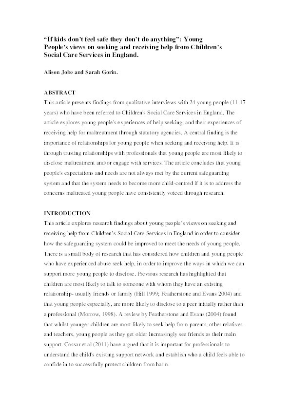 'If kids don't feel safe they don't do anything': young people's views on seeking and receiving help from Children's Social Care Services in England Thumbnail