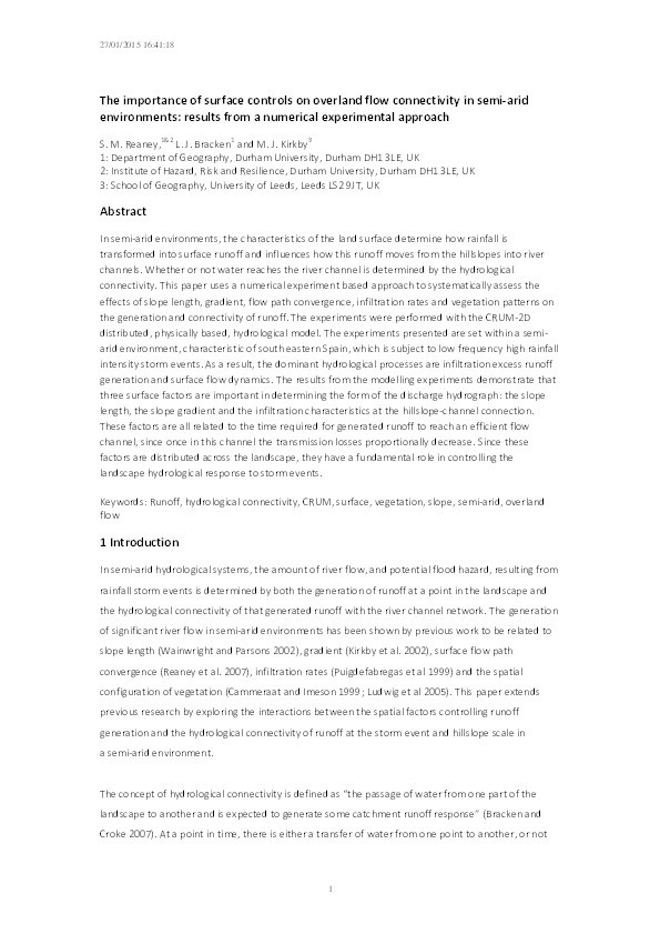 The importance of surface controls on overland flow connectivity in semi-arid environments: results from a numerical experimental approach Thumbnail