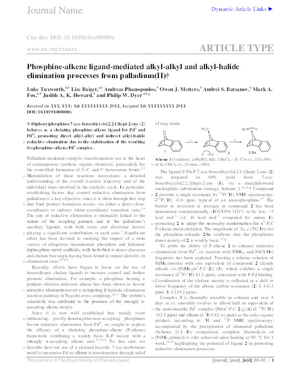 Phosphine-alkene ligand-mediated alkyl-alkyl and alkyl-halide elimination processes from palladium(II) Thumbnail