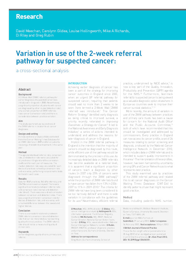 Variation in use of the 2-week referral pathway for suspected cancer: cross-sectional analysis Thumbnail