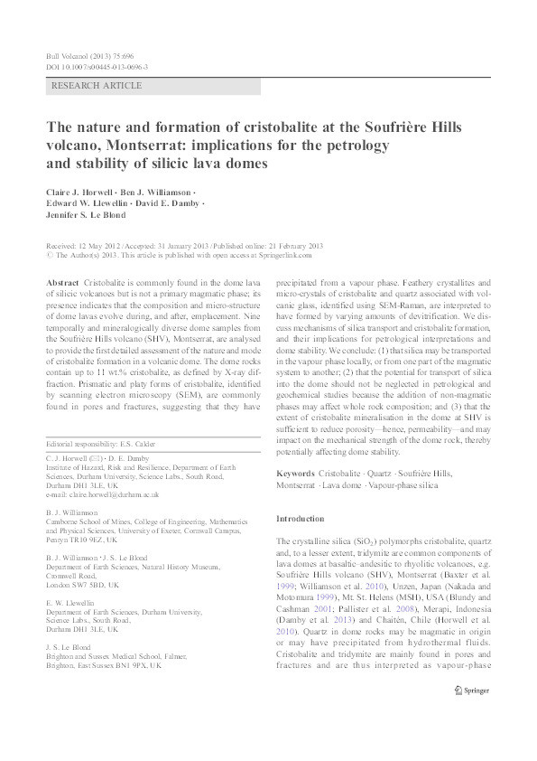 The nature and formation of cristobalite at the Soufrière Hills volcano, Montserrat: implications for the petrology and stability of silicic lava domes Thumbnail