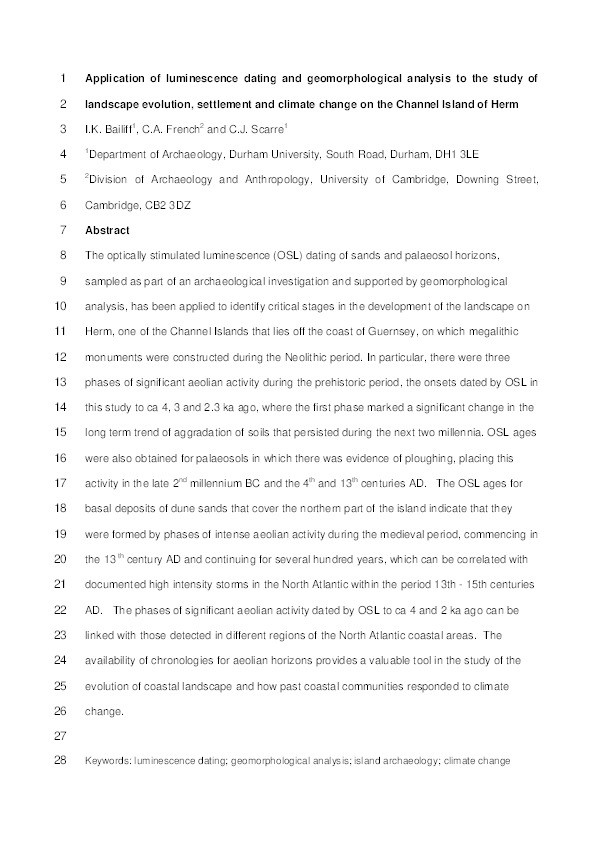 Application of luminescence dating and geomorphological analysis to the study of landscape evolution, settlement and climate change on the Channel Island of Herm Thumbnail