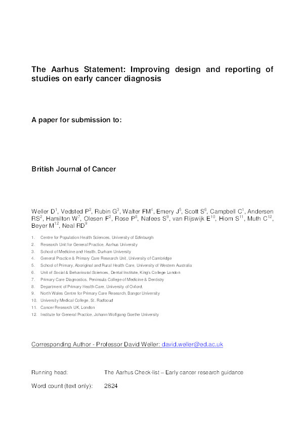 The Aarhus Statement: Improving design and reporting of studies on early cancer diagnosis Thumbnail