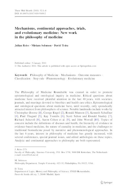 Mechanisms, continental approaches, trials, and evolutionary medicine: New work in the philosophy of medicine Thumbnail