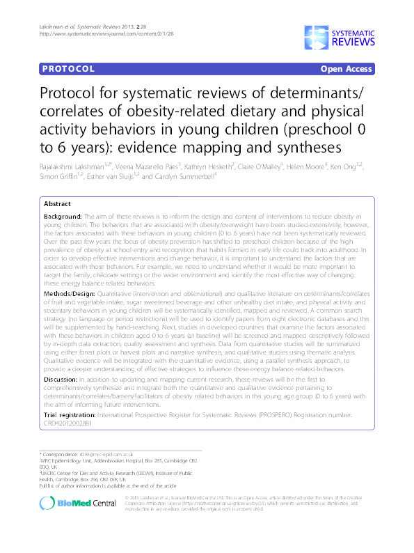 Protocol for systematic reviews of determinants/correlates of obesity related dietary and physical activity behaviours in young children (preschool 0-6yrs): evidence mapping and syntheses Thumbnail