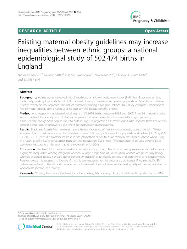 Existing maternal obesity guidelines may increase inequalities between ethnic groups: a national epidemiological study of 502,474 births in England Thumbnail