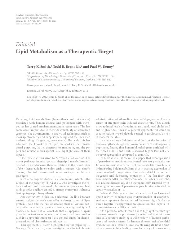 Lipid Metabolism as a Therapeutic Target (Editorial) Thumbnail