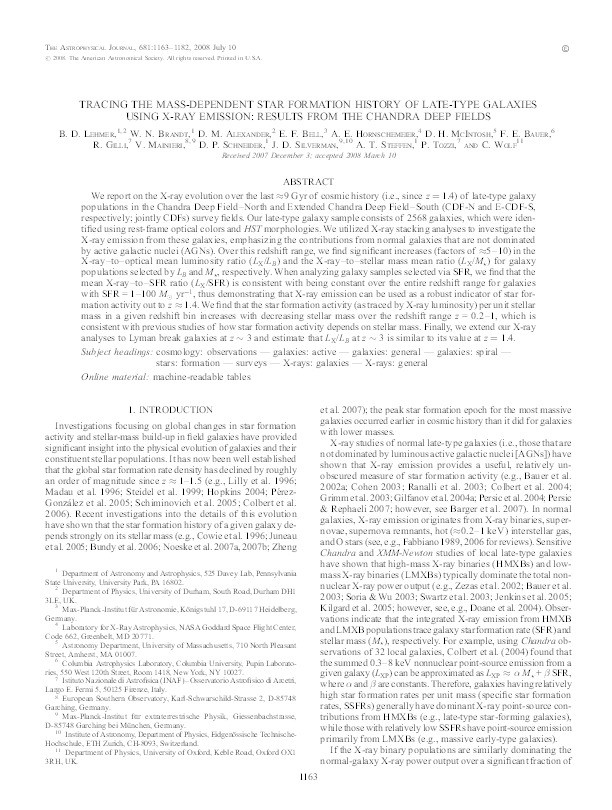 Tracing the mass-dependent star formation history of late-type galaxies using X-ray emission : results from the Chandra Deep Fields Thumbnail