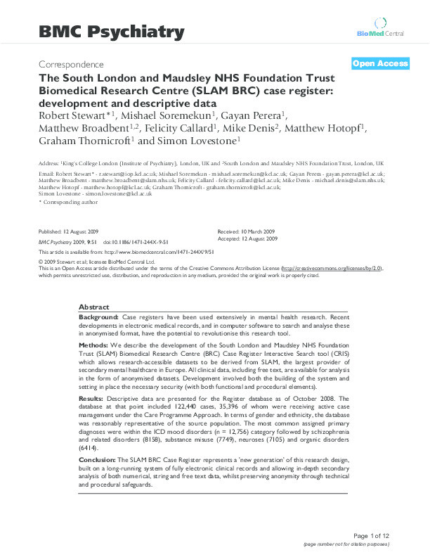 The South London and Maudsley NHS Foundation Trust Biomedical Research Centre (SLAM BRC) case register: development and descriptive data Thumbnail