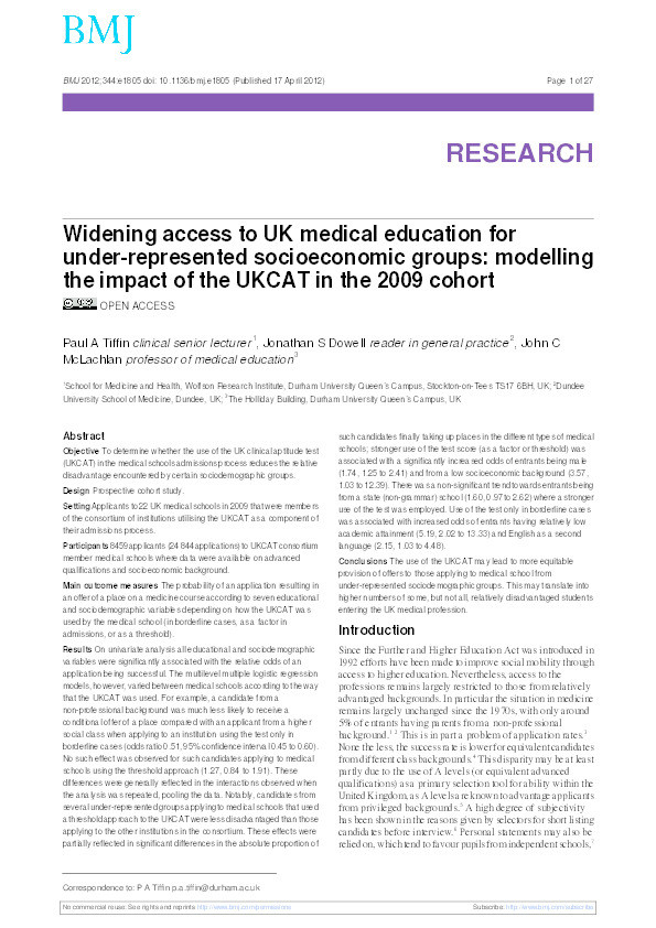 Widening access to UK medical education for under-represented socioeconomic groups: Modelling the impact of the UKCAT in the 2009 cohort Thumbnail