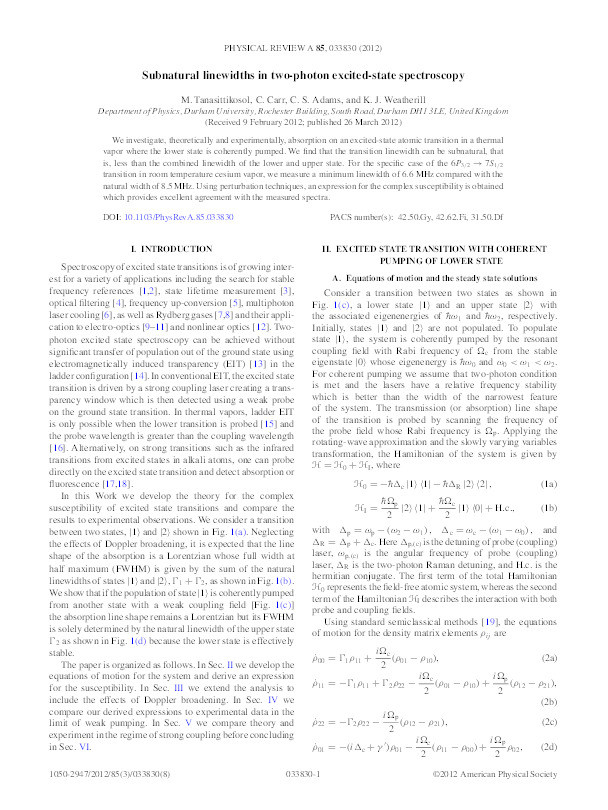 Subnatural linewidths in two-photon excited-state spectroscopy Thumbnail