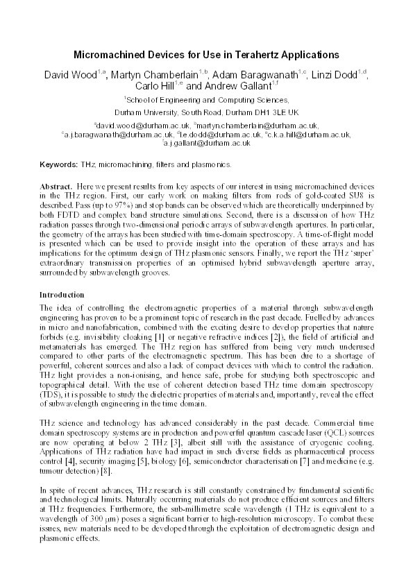 Micromachined Devices for Use in Terahertz Applications Thumbnail