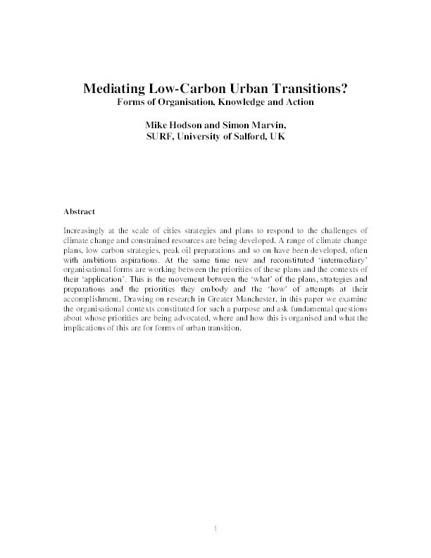 Mediating Low-Carbon Urban Transitions? Forms of Organization, Knowledge and Action Thumbnail