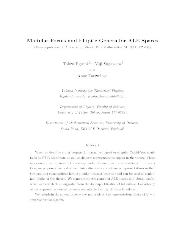 Modular forms and elliptic genera for ALE spaces Thumbnail