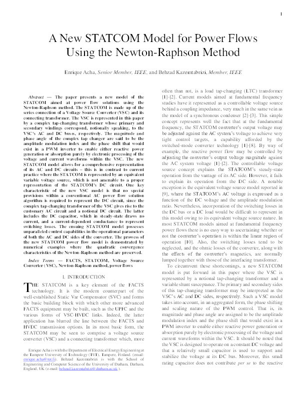 A New STATCOM Model for Power Flows Using the Newton–Raphson Method Thumbnail