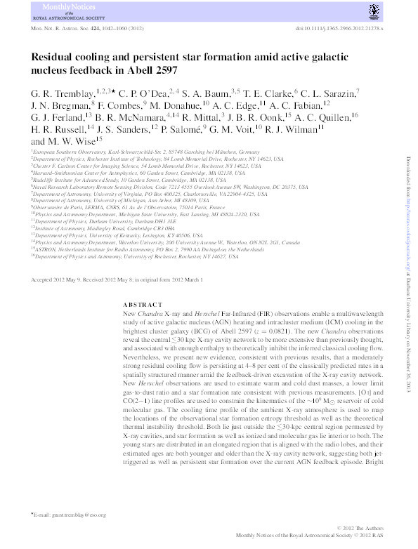 Residual cooling and persistent star formation amid active galactic nucleus feedback in Abell 2597 Thumbnail