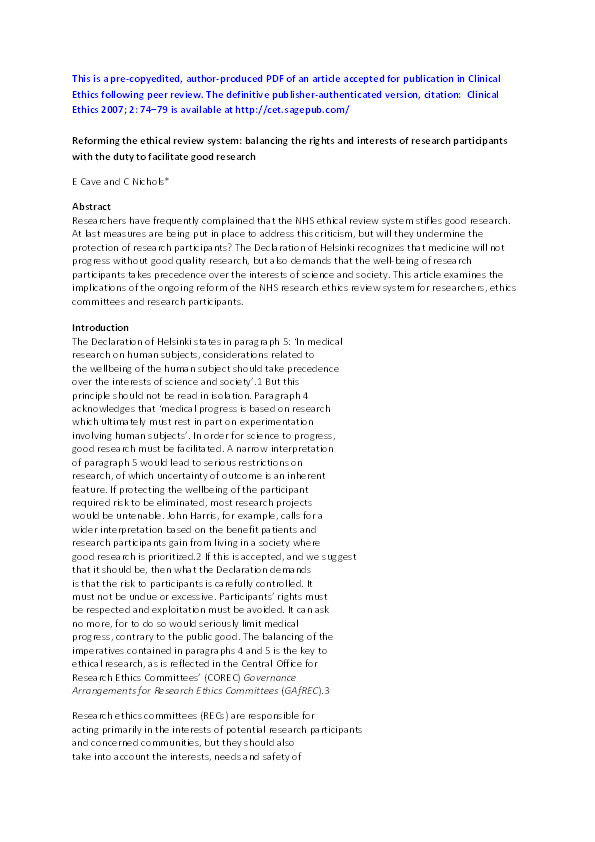 Reforming the Ethical Review System: Balancing the Rights and Interests of Research Participants with the Duty to Facilitate Good Research Thumbnail