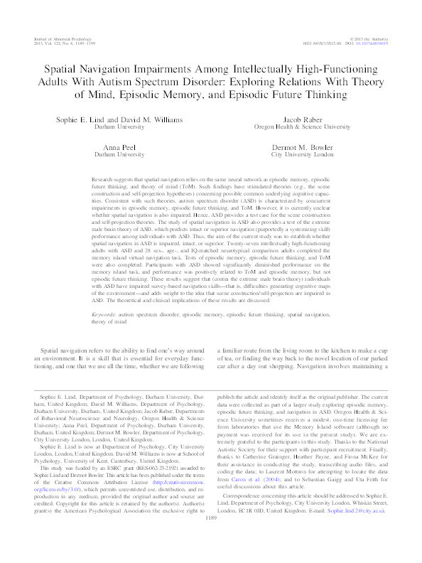 Spatial navigation impairments in high functioning autism spectrum disorder: exploring relations with theory of mind, episodic memory, and episodic future thinking Thumbnail