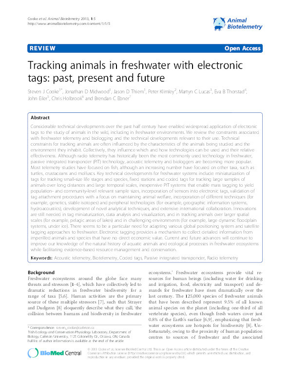 Tracking animals in freshwater with electronic tags: past, present and future Thumbnail