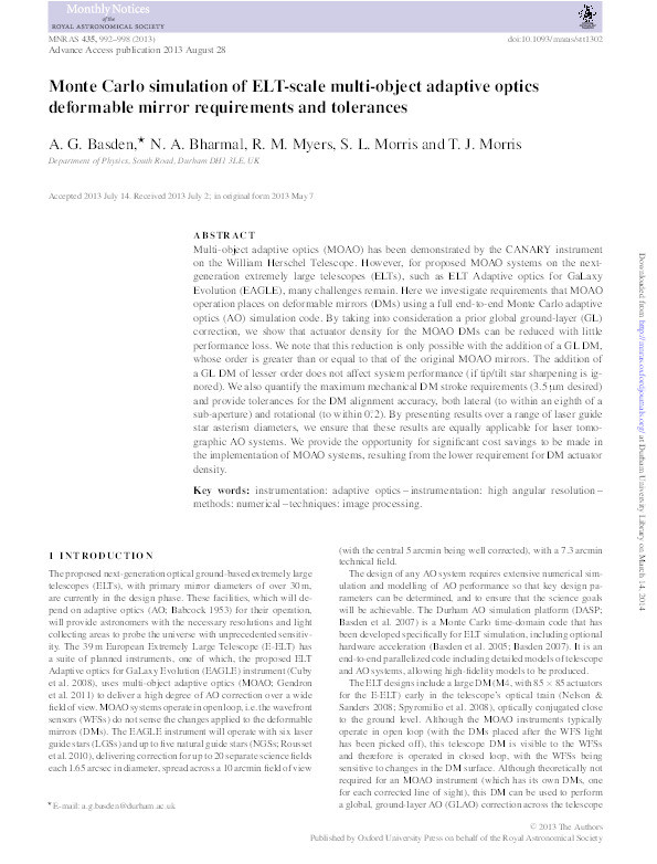 Monte-Carlo simulation of ELT scale multi-object adaptive optics deformable mirror requirements and tolerances Thumbnail