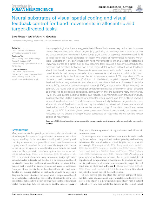 Neural substrates of visual spatial coding and visual feedback control for hand movements in allocentric and target-directed tasks Thumbnail