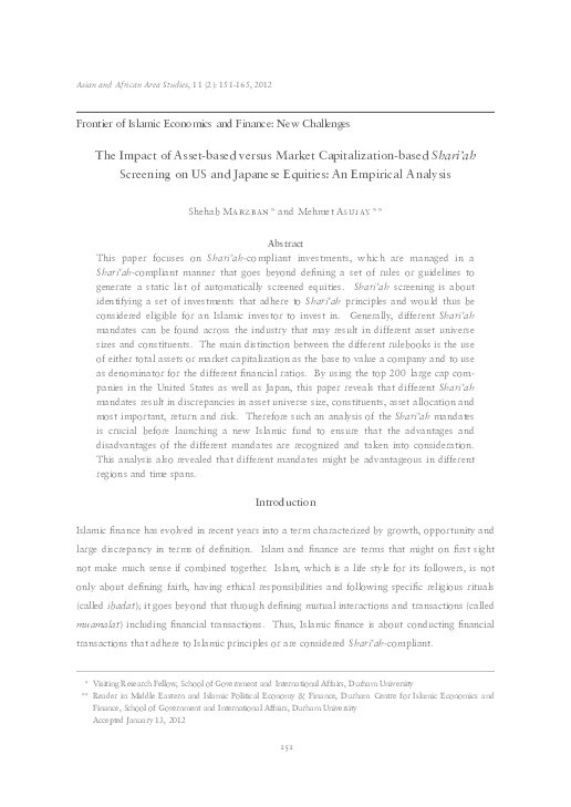 The Impact of Asset-based versus Market Capitalization-based Shari'ah Screening on US and Japanese Equities: An Empirical Analysis Thumbnail