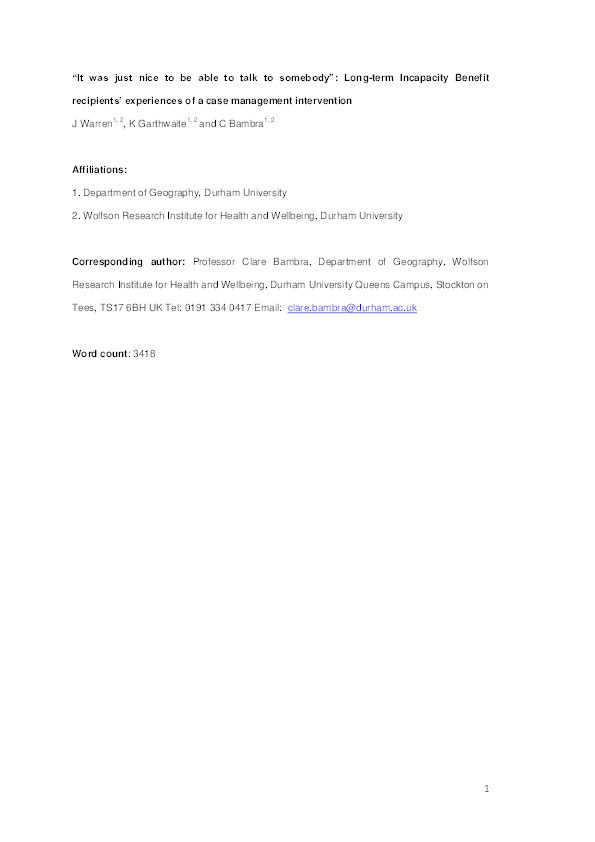 ‘It was just nice to be able to talk to somebody’: long-term incapacity benefit recipients' experiences of a case management intervention Thumbnail