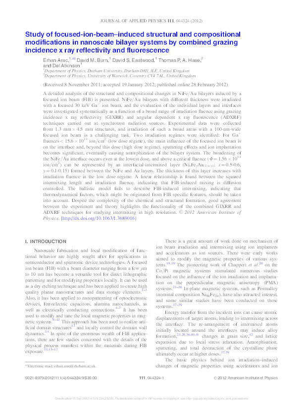 Study of focused-ion-beam–induced structural and compositional modifications in nanoscale bilayer systems by combined grazing incidence x ray reflectivity and fluorescence Thumbnail