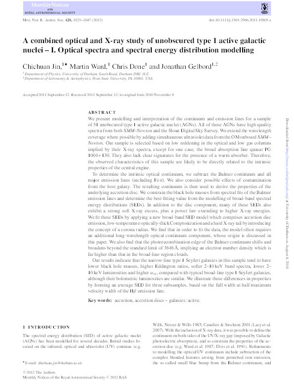 A combined optical and X-ray study of unobscured type 1 active galactic nuclei - I. Optical spectra and spectral energy distribution modelling Thumbnail