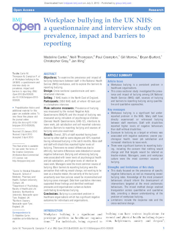 Workplace bullying in the UK NHS: a questionnaire and interview study on prevalence, impact and barriers to reporting Thumbnail